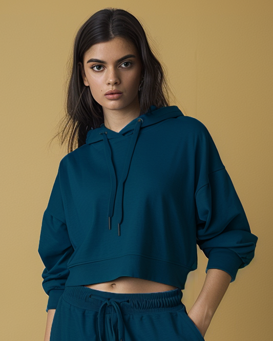 Navy Blue Oversized French Terry Summer Crop Hoodie