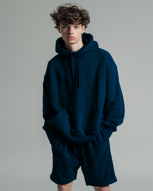 Navy Blue Oversized Hoodie & Lounge Shorts Co-Ords