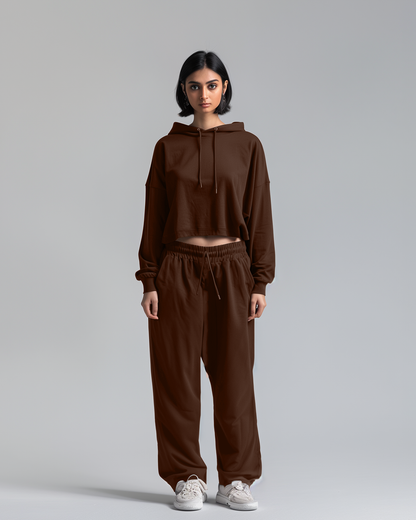 Mocha Female Oversized Summer Crop Hoodies & Lounge Pants Co-Ords