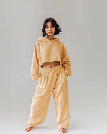 Beige Female Oversized Summer Crop Hoodies & Lounge Pants Co-Ords