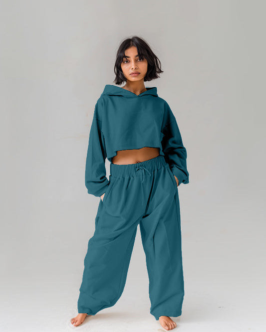 Prussian Blue Oversized Summer Crop Hoodies & Lounge Pants Co-Ords