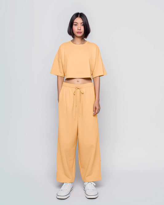 Beige Female Oversized Crop T-Shirts & Lounge Pants Co-Ords