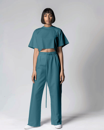 Turkish Blue Female Oversized Crop T-Shirts & Lounge Pants Co-Ords