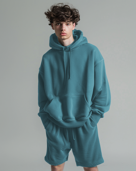 Turkish Blue Oversized Hoodie & Lounge Shorts Co-Ords