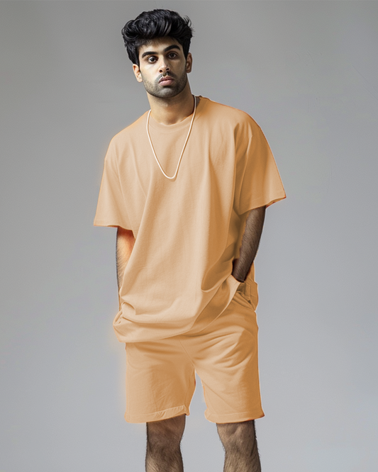 Beige Male Oversized T-Shirt & Lounge Shorts Co-Ords