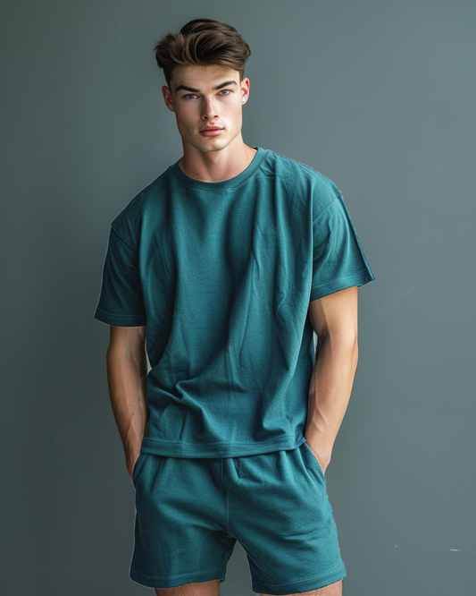Prussian Blue Male Oversized T-Shirt & Lounge Shorts Co-Ords