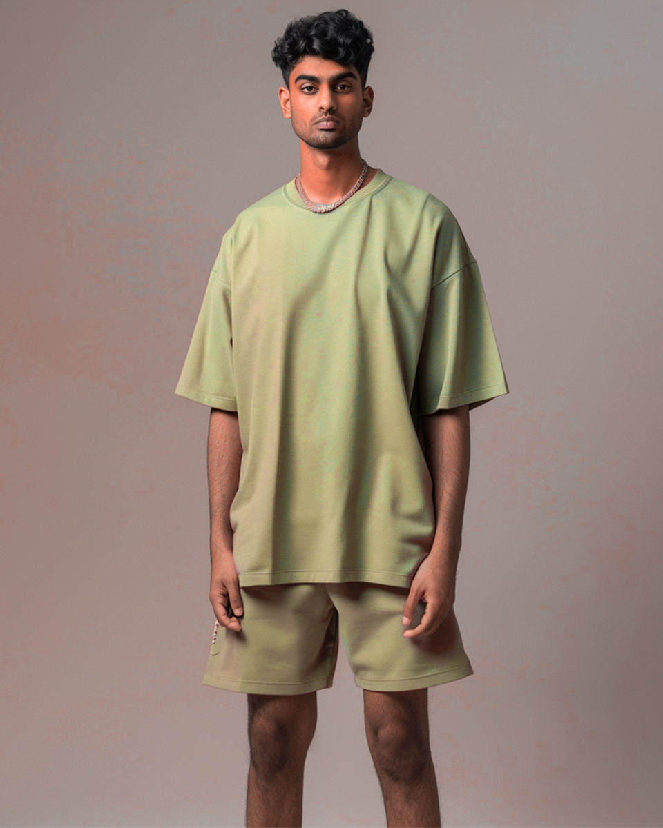 Sage Green Male Oversized T-Shirt & Lounge Shorts Co-Ords