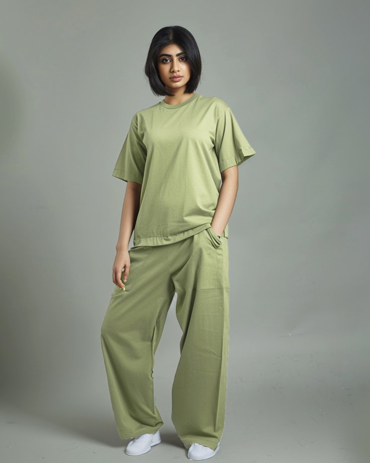 Sage Green Female Oversized T-Shirt & Lounge Pants Co-Ords