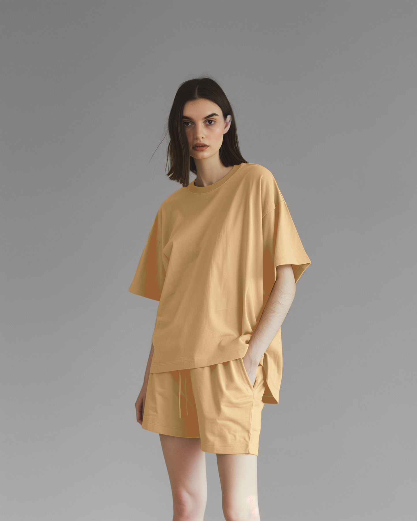 Beige Female Oversized T-Shirt & Lounge Shorts Co-Ords