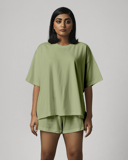 Sage Green Female Oversized T-Shirt & Lounge Shorts Co-Ords