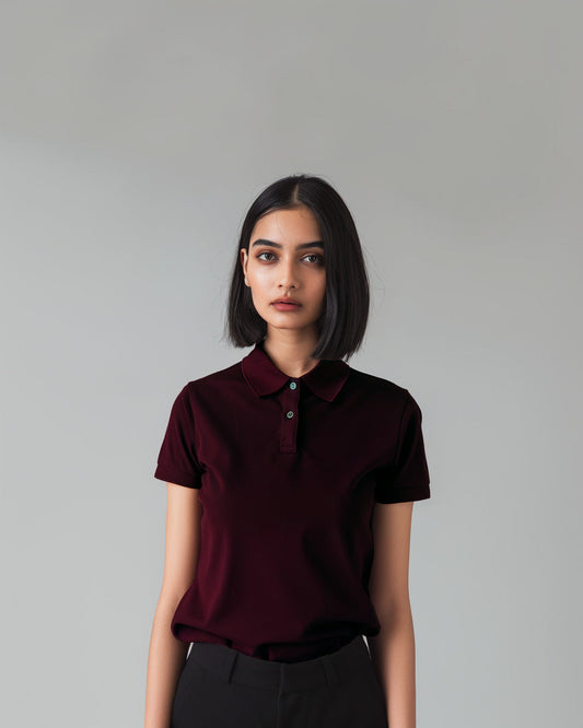 Burgundy Female Solid Polo T-Shirt