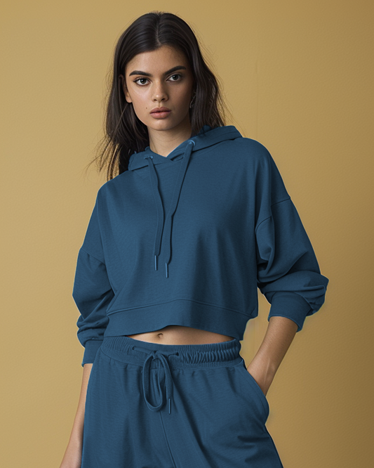 Prussian Blue Oversized French Terry Summer Crop Hoodie