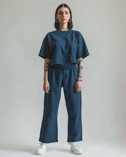 Prussian Blue Oversized Crop T-Shirt & Lounge Pants Co-Ords