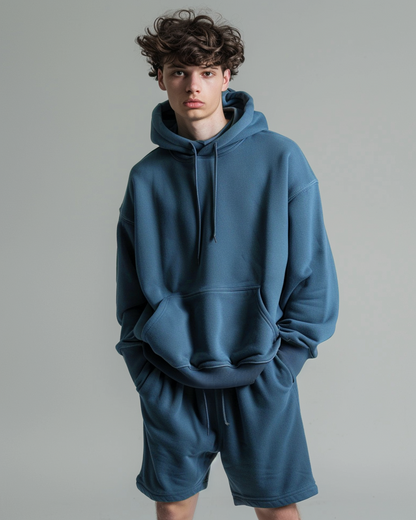 Prussian Blue Oversized Hoodie & Lounge Shorts Co-Ords