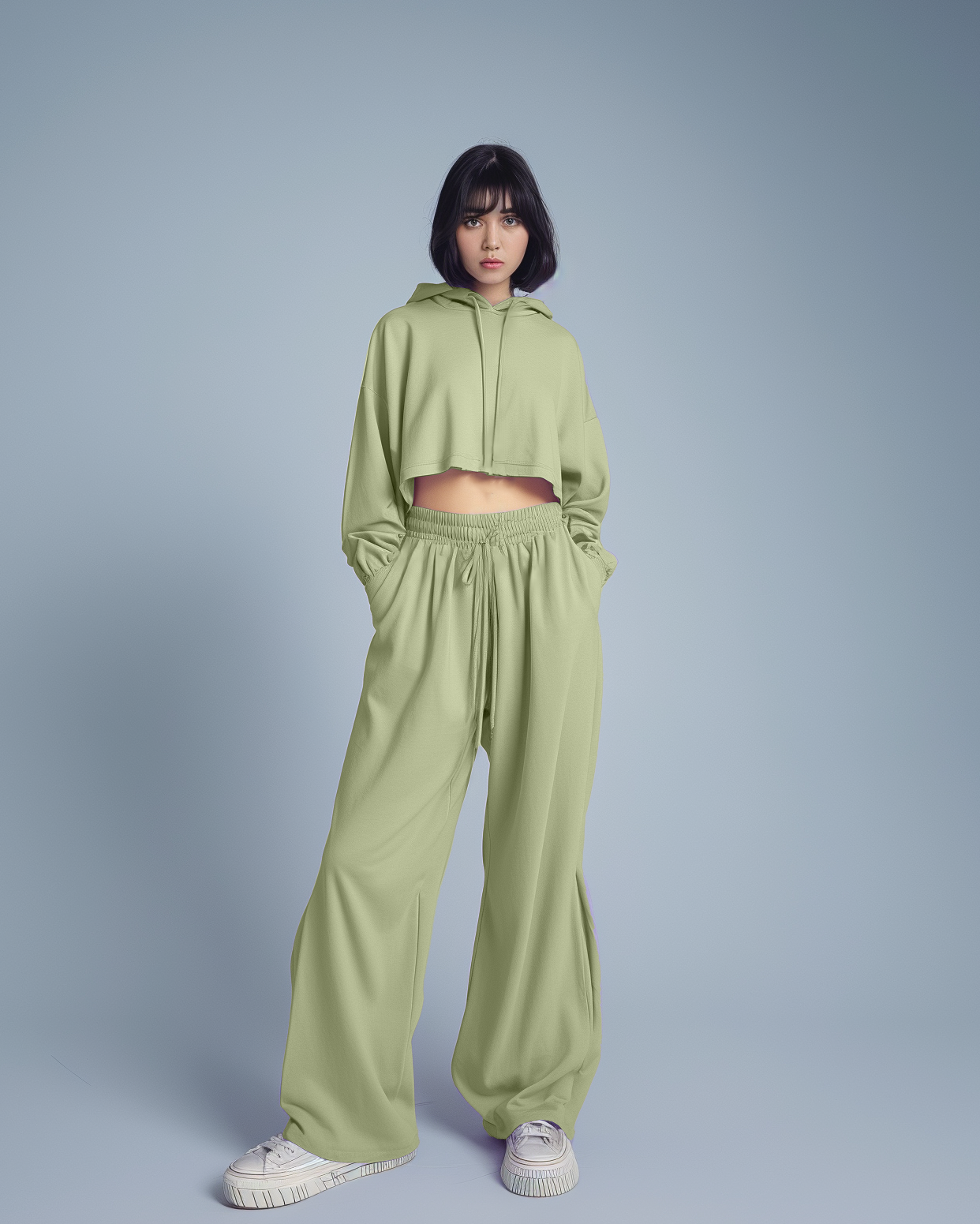 Sage Green Oversized Summer Crop Hoodies & Lounge Pants Co-Ords