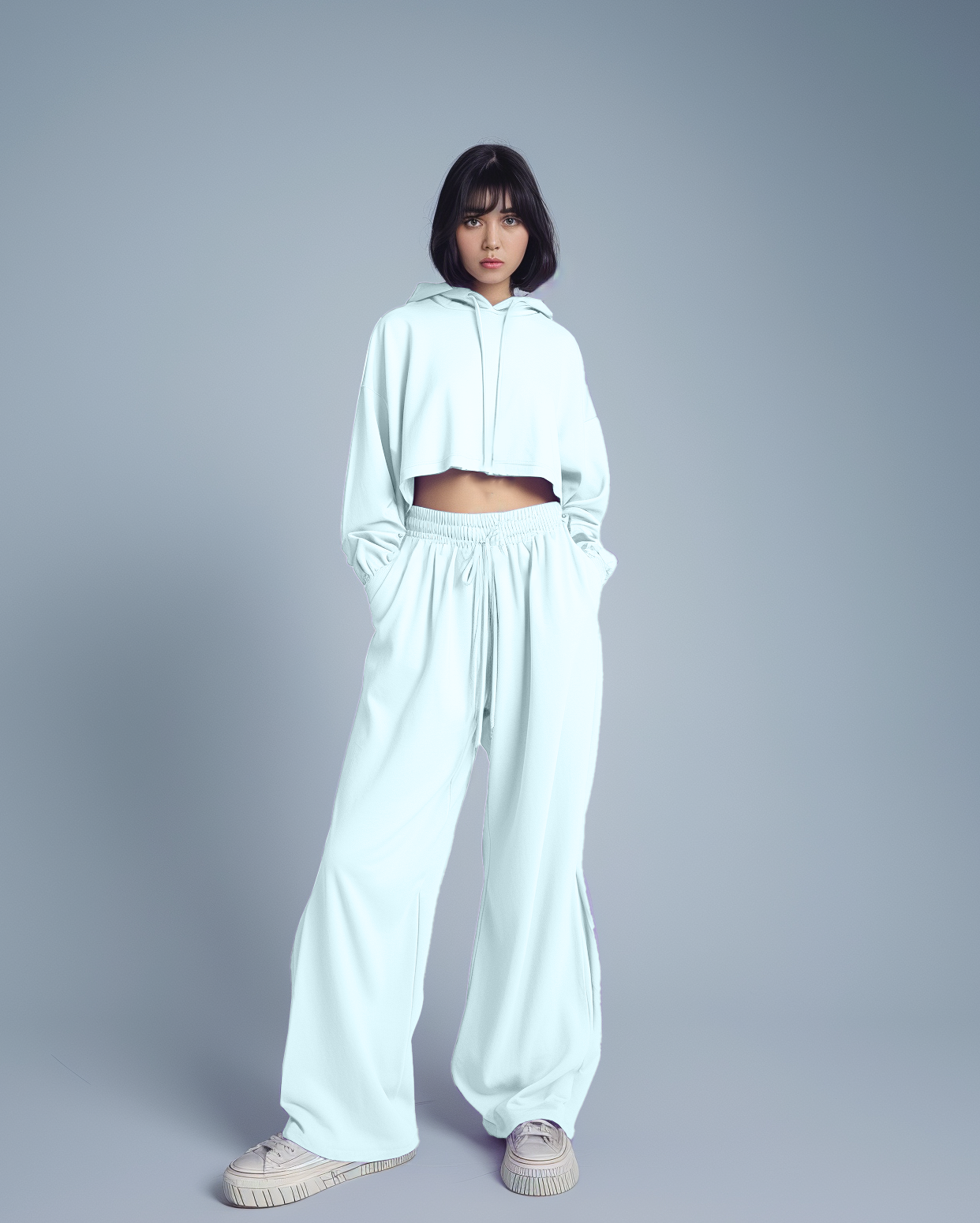 Seafoam Mist Female Oversized Summer Crop Hoodies & Lounge Pants Co-Ords