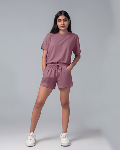 Mauve Female Oversized T-Shirt & Lounge Shorts Co-Ords
