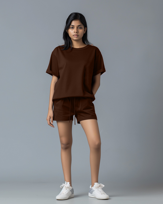 Mocha Female Oversized T-Shirt & Lounge Shorts Co-Ords