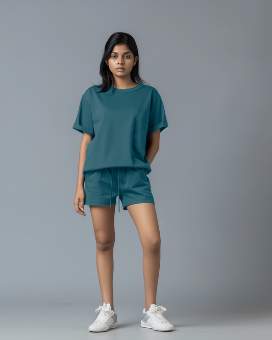 Turkish Blue Female Overszied T-shirts and Lounge Shorts Co-ords