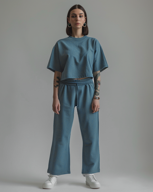 Steel Teal Oversized Crop T-Shirt & Lounge Pants Co-Ords