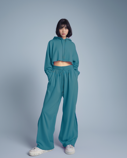 Turkish Blue Oversized Summer Crop Hoodies & Lounge Pants Co-Ords